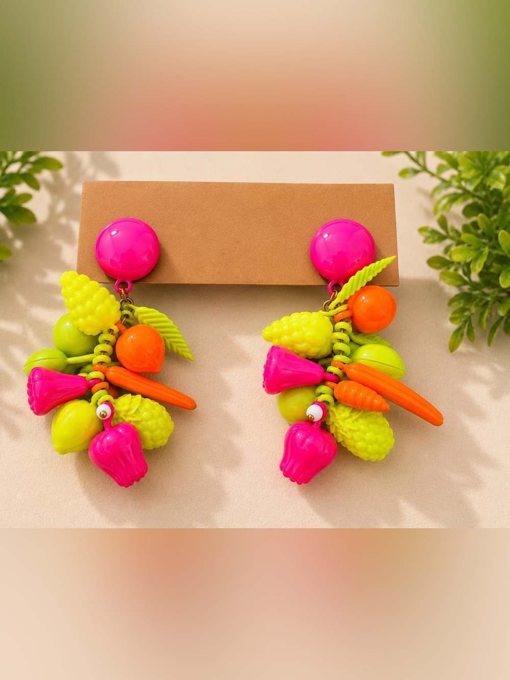 Vintage Hong Kong Fruit Salad Charm Dangle Post Pierced Earrings Colorful 2" Lg